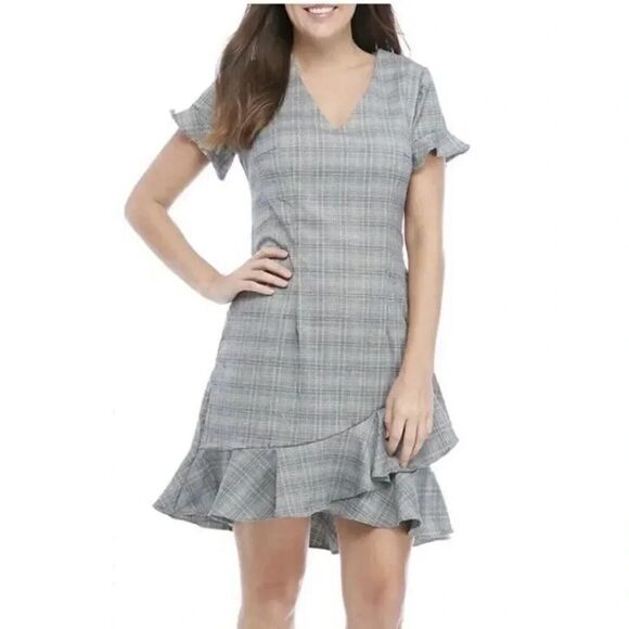 ECI Dress Women‎ Size 8 Gray Plaid Asymmetric V Neck Short Sleeve Ruffle - Picture 1 of 10